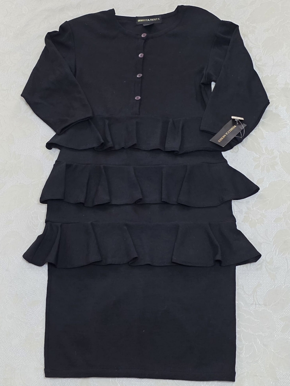 Vintage 80's Rebecca Moses Black 100% Wool Midi Wiggle Dress Tiered Pencil L NWT